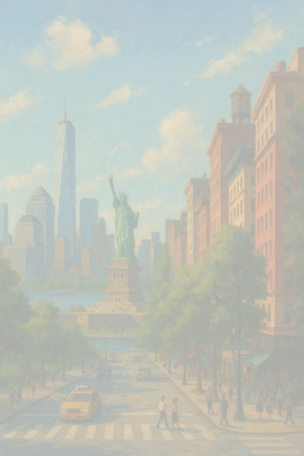 A painterly-style background image of New York City featuring The Statue of Liberty, a yellow taxi, and a crosswalk with people shopping nearby.